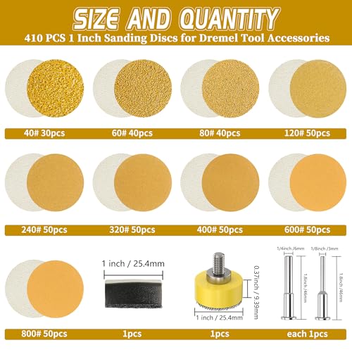 410 PCS 1 Inch Hook and Loop Sanding Discs Kits 40-800 Grit