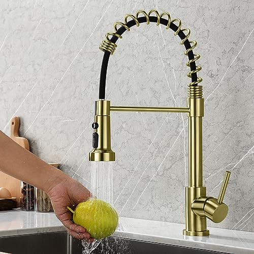 TIORIY Kitchen Faucet Head with 15 Adapters, High Pressure 3 Functions Pull Down Kitchen Spray Head Replacement, Pull Out Kitchen Sink Sprayer Nozzle, Brushed Gold, ABS - color: Brushed Gold, style: Blade Spray