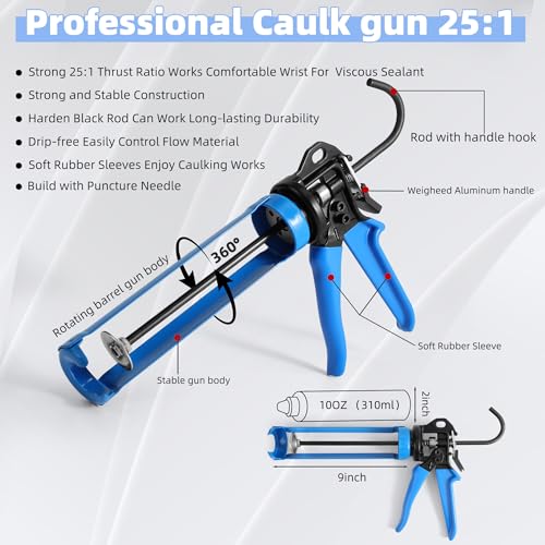 PRO Caulk Gun Kit Heavy Duty Silicone Caulking Gun Thrust Ratio 25:1 No-drip Rotating Barrel and Caulking Tools,Sealant Tools Grout Scraper For Kitchen Bathroom Sink Joint,With Gift Box - style: Professional Plus