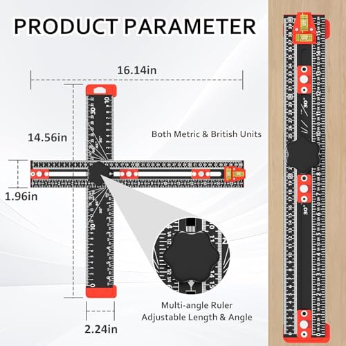 4-in-1 Drilling Positioning Jig, 35cm/14inch Multifunctional T Square Adjustable Angle Ruler, Cabinet Hardware Jig, Making Guage Tools for Woodworking Cabinet Drawer Door Hole Punching