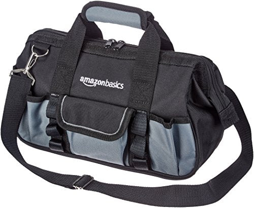Amazon Basics Durable Wear-Resistant Tool Storage Bag with Adjustable Shoulder Strap,Portable Tool Organizer,16 Pockets,12 in,Black & Gray,(Pack of 8) - size: Small Standard Bag (Pack of 8)