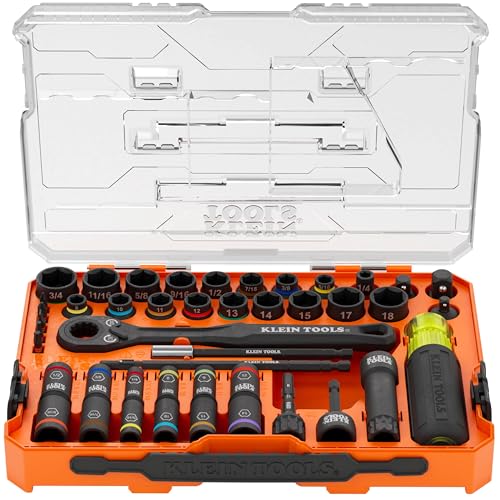 Klein Tools 65500KNECT KNECT Impact Socket Set, SAE and Metric Pass Through Socket Set, 90-Tooth Ratchet, MODbox Case, SAE, Metric, Screwdriver Handle, Bits, 39-Piece - style: 39-Piece