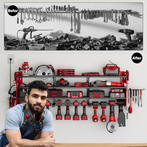 Power Tool Organizer Wall Mount, 12-Drill 4-Tier Charging Station, Red - color: Red