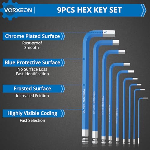 9 pcs SAE Hex Key Set 1/16 to 3/8 inch, Imperial Allen Wrench with Long Arm Ball and Flat End Visible coding for Bike Repair, Automotive and Home DIY - size: 9PCS SAE Allen Wrench Set