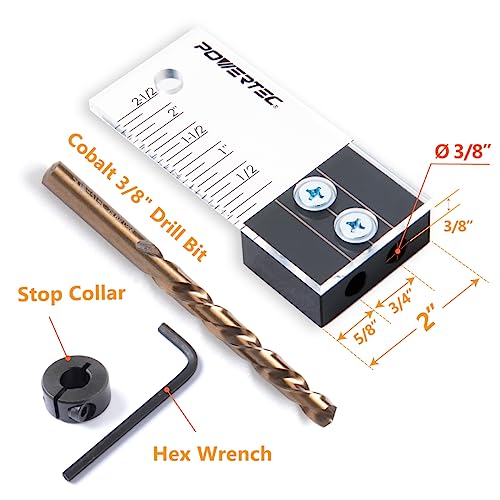 POWERTEC Dowel Jig Kit, Doweling Jig Kit 3/8", Dowel Jigs Woodworking, Laser Cut Witness Mark, with Depth Scale, Drill Guide Dowels, Cobalt M-35 Drill Bit & Split Ring Stop Collar 71716-P2 - style: 2PK 3/8" Doweling Jig Kit w/ Bit & Collar