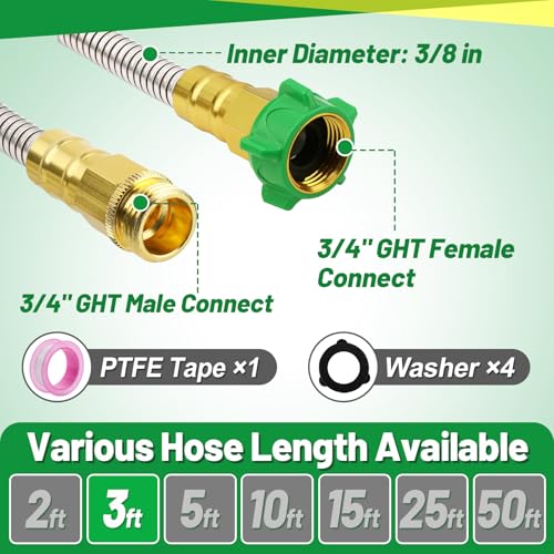 3ft Short Metal Garden Hose with Male to Female Connector - size: 3ft