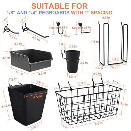 Pegboard Basket Organizers, 42Pack Peg Board Baskets Hooks Bins Cups(Black) - color: Black