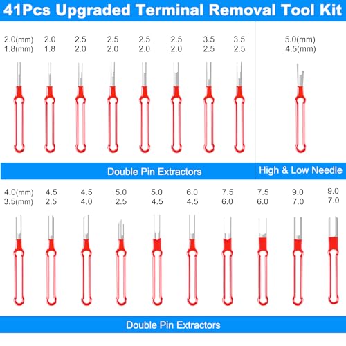 Terminal Removal Tool Kit 41 Pcs Depinning Tool Electrical Connector Pin Removal Tool Kit Pin Extractor Tool Set Wire Terminal Release Tool for Automotive Car Household Devices - Red - color: 41 PCS - Red Flat Handle