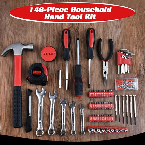 146 PCS Home Tool Kit with Hammer, Pliers, Wrenches, Measure Tape, Screwdrivers, Sockets, Small Household Hand Tool Kit with Plastic Toolbox for Home, Garage, Office and College Dormitory Use