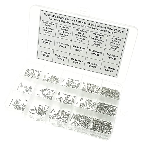 850PCS M1 M1.2 M1.4 M1.6 M2 Metric Stainless Steel Phillips Pan Head Machine Screws Nuts Assortment Kit - size: M1, M1.2, M1.4, M1.6, M2
