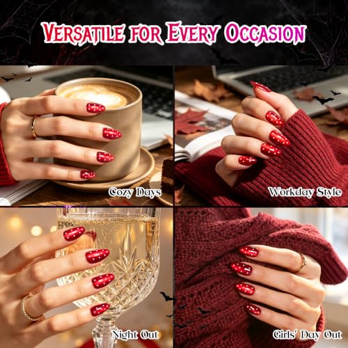 Beetles Red Press On Nails Short Almond, Halloween Cat Eye Polka Dot - color: 2C - Polka Ruby - S