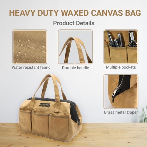Tool Tote, 13-inch Heavy Duty Waxed Canvas Wide Mouth Tool Bag, Open Top tool Pouch with Handle for Tools, Wrenches, Screwdrivers (13 X 7 X 9 inch) | Khaki - color: Khaki, size: 13 Inch