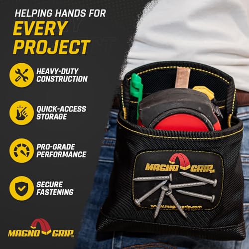 MagnoGrip 3-Pocket Nail Pouch with Integrated Magnetic Storage - Durable 1680D Ballistic Polyester, Magnetic Interior & Exterior, Tool Belt Compatible, Construction Pouch for Carpenters & DIY Projects