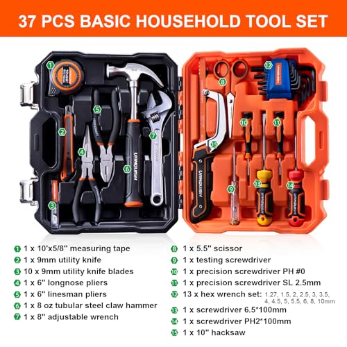 Vanquish 37-Pieces Tool Set for Home,Basic Essential Small Tool Kit Box for Apartment, Dorm, and Household with Blow Molded Storage Case (8001)