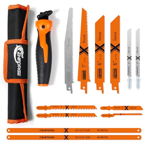 13-Piece Multi-Purpose Hand Saw Set - Manual Reciprocating Saw Handle with 12 Assorted Blades - Portable Jab Saw Kit for Wood, Metal, Drywall, Plastic & Pruning - Includes Storage Pouch