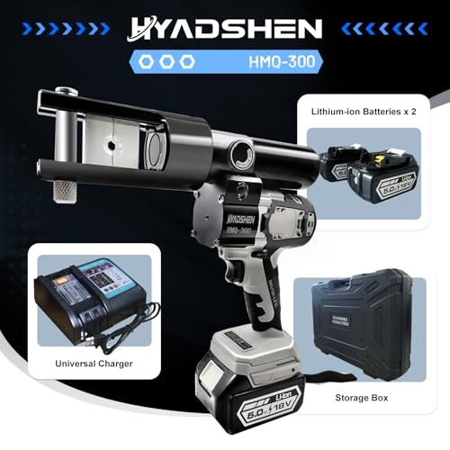 Electric Hydraulic Cable Lug Crimping Tool, Hydraulic Electrical Terminal Cable Lug Wire Crimper Rechargeable Crimping Tool Kits with 11 Dies, 6 AWG to 600 MCM（HMQ-300）