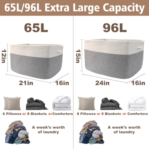 JMvicyroam 96L Large Woven Cotton Rope Blanket Basket, White&Grey - color: White&Grey, size: 96L