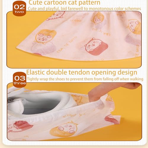 50 Pairs Disposable Shoe Covers, Kids Cat Print with Double Elastic Cuffs