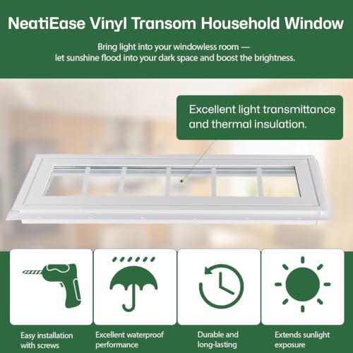 NeatiEase Vinyl Transom Window, 10" x 36" Fixed Glass Household Windows with Grids and Dual-pane Tempered Glass for House, Shed, Doors, Garage, Chicken Coop, Basement (White) - size: 10"x36"