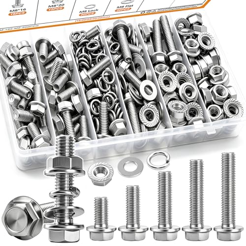 mankk 200PCS Flange Head Bolts Assortment Kit M8x1.25 Bolt (Length 16/20/25/30/35mm) Metric Bolt Stainless Steel Hex Head Bolts and Serrated Flange Nuts Kit Full Thread M8 Bolt - color: Silver-200PCS M8