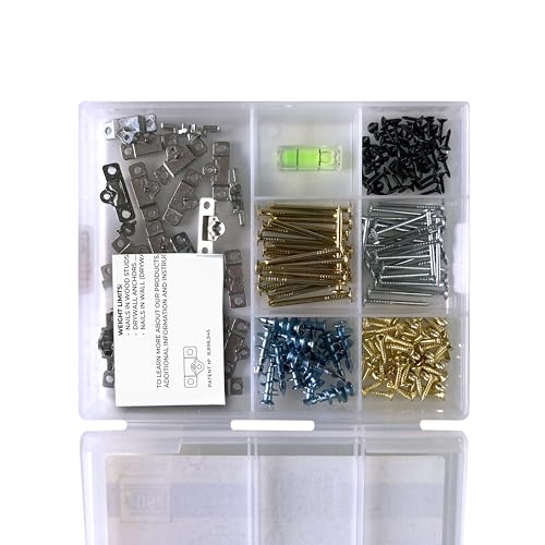 203-Piece Metal Picture Hanging Kit in Tackle Box, Hangs 14 Wooden Frames Up to 75 lbs, No Measuring Needed, Wall Picture Hangers with Drywall Anchors, Hardware, and Level - size: 14 Frames Up to 75 lbs