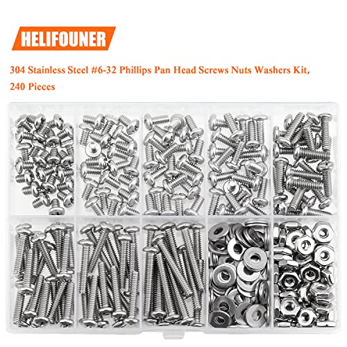 HELIFOUNER 240 Pieces #6-32 Phillips Pan Head Machine Screws Nuts Washers Assortment Kit, Coarse Thread, Fully Machine Threaded, 304 Stainless Steel - size: #6-32, style: Phillips Pan Head