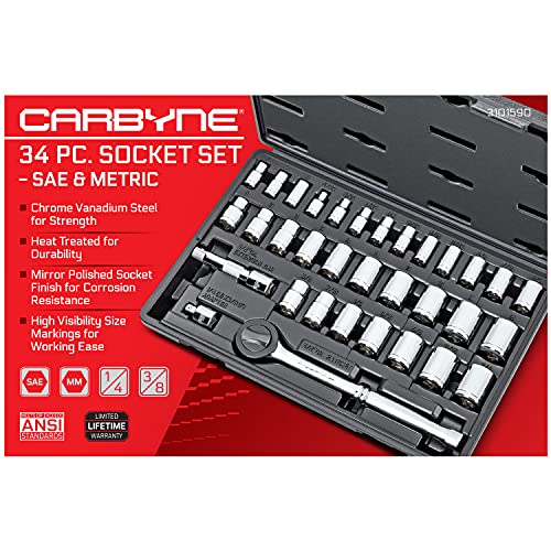 Carbyne 34-Piece 1/4 & 3/8 in. Drive Socket & Ratchet Set, SAE & Metric