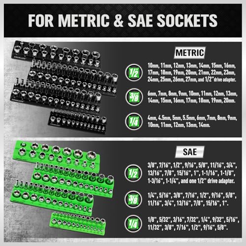 Magnetic Socket Organizer Holder Tool: 8PCS Set includes 2PCS 1/4", 4PCS 3/8", 2PCS 1/2" Drive Socket Storage Trays Toolboxs, Holding 199 Slots Soft Rubber Covering Black Green (sockets not included) - style: 8PCS Green/Black