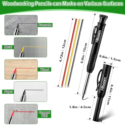 Hiboom 4 Pack Carpenter Pencil with 36 Refills Built In Sharpener (Black) - color: Black
