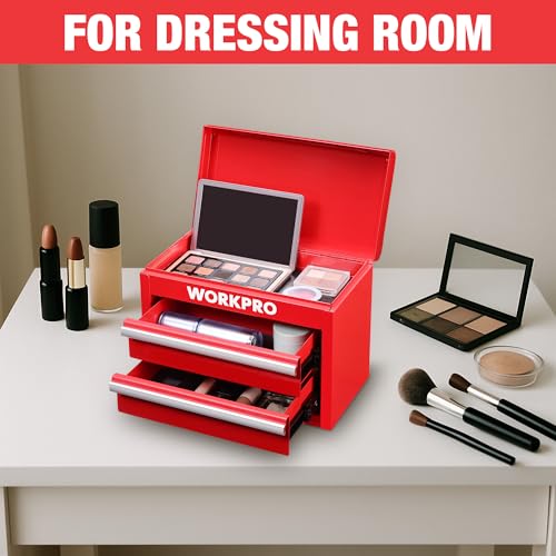WORKPRO Metal Mini Tool Box with 2 Drawers and Top Storage - color: Red