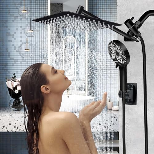 Shower Head,10 Inch High Pressure Rain Shower Head with Handheld Spray Combo, Adjustable Dual Rainfall Shower Head - Showerhead Comb Set with Extension Arm - 60 Inch Long Shower Hose(Black) - color: Black, size: 10 Inch