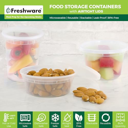 Freshware [60 Count] 8, 16, 32 oz, 20 sets each size Food Storage Containers with Lids,Plastic Deli Containers, Meal Prep Containers, Microwave and Freezer Safe,Stackable, Leakproof, BPA Free, Clear - color: Clear, size: 8, 16, 32 oz - 60 Set