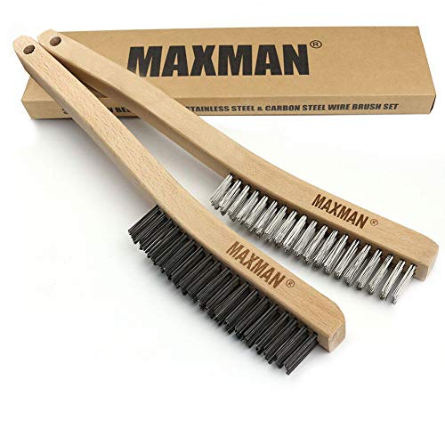 MAXMAN Wire Brush, Heavy Duty Carbon Steel and Stainless Steel Wire Brushes for Cleaning Rust, Grill, Paint Removal, Welding, Stiff Bristle Metal Brush with 14" Long Beech Wood Handle, Large, 2Pcs - style: 1 Stainless Steel Brush+ 1 Carbon Steel Brush