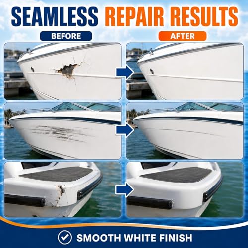 Marine Fiberglass Repair Kit for Boats, Gel Coat Repair Kit with Waterproof Epoxy Filler, Boat Fiberglass Repair Kit to Fix Holes, Chips, Deep Cracks & Scratches, White, Above-Waterline Use