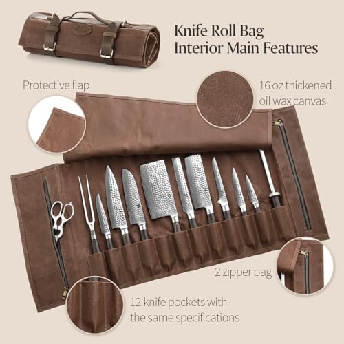 XINZUO Chef Knife Roll Bag-Professional Chef Knife Case-16oz Waxed Canvas and Crazy Horse Leather -With 12 Slots Plus 2 Zipper Pockets to Hold Kitchen Cooking Tools-Travel Tool Roll Pouch(Bag Only) - color: Brown
