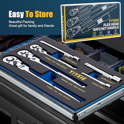 YIYEIE 6-Piece Flex Head Ratchet Set, 1/4", 3/8", 1/2" Drive, Swivel Head Ratchet Wrench with Extension Bar, 72 Tooth, 180° Adjustable, Quick-Release, Flexible Ratchet Handle with EVA Foam - size: 1/4", 3/8", 1/2" Drive, style: 6pcs Flex Head Ratchet Set