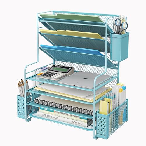 Simple Trending 7 Tier Desk File Organizer, Letter Tray Paper Organizer with Pen Holder and Metal Hanging Basket, Blue - color: Pen Holder Blue