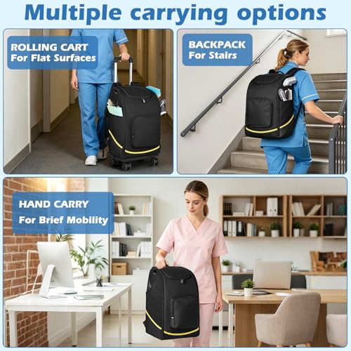 Rolling Cleaning Caddy Bag with Wheels, Large Cleaning Supplies Organizer Backpack with Detachable Trolley and Cleaning Apron for Housekeepers, Home, Hotel & Car Detailing - color: A01-black