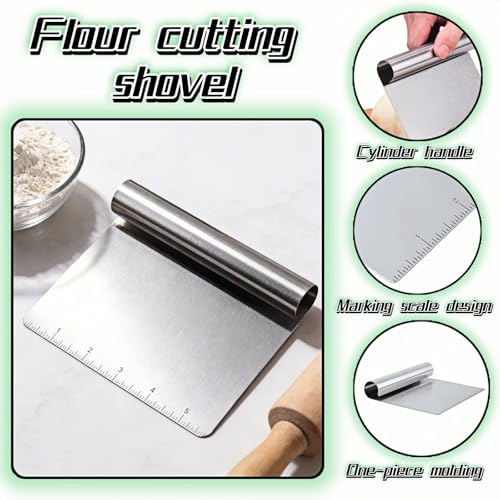 Stainless Steel Dough Scraper with Measuring Scale - Multi-Purpose Kitchen Tool for Baking, Pizza, Grilling, Pastry Cutter & Vegetable Chopper | Ergonomic Handle & Rust-Proof Design