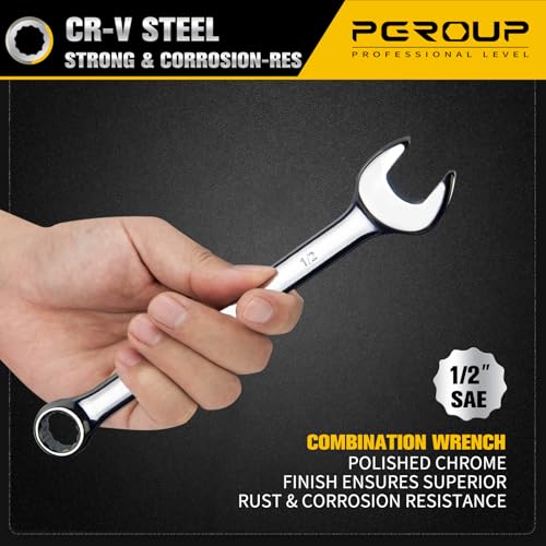 1/2" SAE Combination Wrench, CR-V Steel with Mirror Polish, 12-Point Design, 15-Degree Offset, Perfect for Auto Repair, Household, Car & Truck Emergency - size: 1/2"