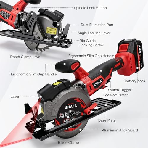 SHALL 20V Cordless Mini Circular Saw, 4-1/2’’ 4000RPM Power Circular Saw with 4.0Ah Battery, Laser Guide, 3 Saw Blades Max Cutting Depth 1-11/16" (90°), 1-1/8" (45°) for Wood, Tile, Plastic