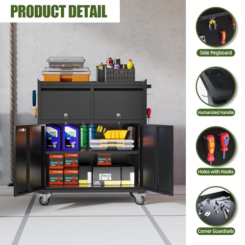 Aobabo Rolling Metal Garage Cabinet with 2 Drawers, Lock and Pegboard - color: Black, size: 18.11"D x 30.31"W x 35.43"H-2 Drawers