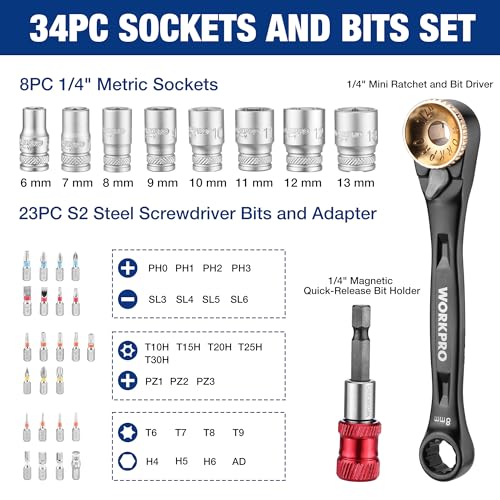 WORKPRO 1/4" Mini Ratchet Wrench Set with Magnetic Bit Holder, Double Head