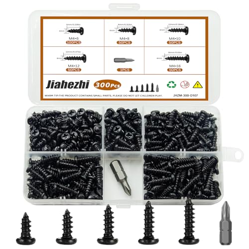 300Pcs M4x6/8/10/12/16 Self-Tapping Wood Screws Assortment Kit, Phillips Pan Head, Black Carbon Steel, 5 Sizes, for Wood Plastic and Soft Metal - size: M4x6/8/10/12/16-300Pcs