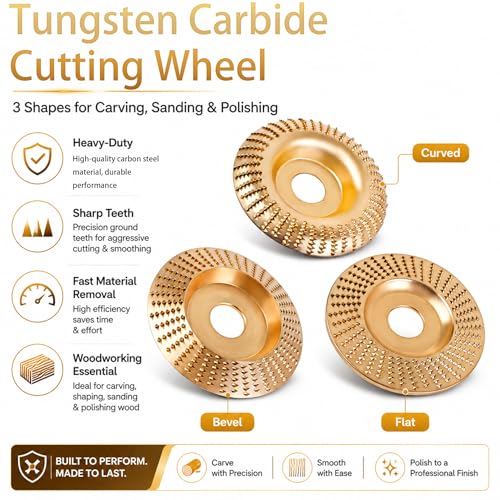 Tungsten Carbide Cutting Wheel, 3PCS Wood Carving Disc Set for Angle Grinder, Grinding Shaping Disc and Polishing Wheel, Suitable for 4" or 4 1/2" Angle Grinders (Inner Diameter 7/8-inch(22mm)) - size: Inner Diameter 7/8-inch(22mm)