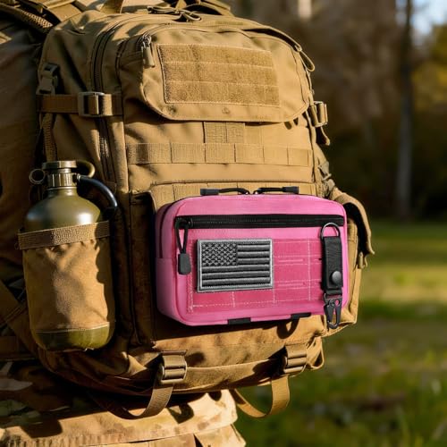 FRTKK Tactical Molle Admin Pouch Utility Laser Cut EDC Tool Pouch Bag Horizontal Modular Pouches Include US Flag Patch and Keychain - color: Pink