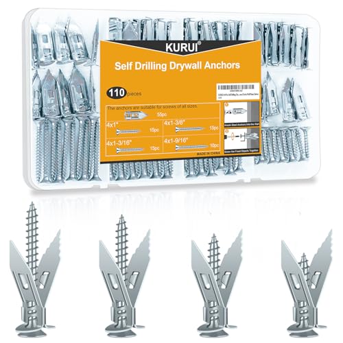 KURUI 110Pcs Heavy Duty Metal Drywall Anchors and Screws Kit, Easy Self Drilling, Durable & Renter Friendly, Silver Anchors for Sheetrock,Hollow Wall, Hanging Shelves,Mirrors,Wall Decor,Pictures