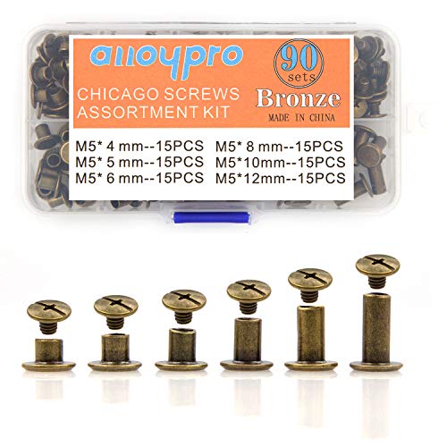 90 Sets Chicago Screws Assorted Kit 6 Sizes Bronze Leather Rivets 3/16(5mm) Screw Rivets Phillip Head Book Binding Posts Nail Rivet Chicago Bolts for DIY Leather Craft Bookbinding (5 x 4,5,6,8,10,12) - size: Bronze-4,5,6,8,10,12