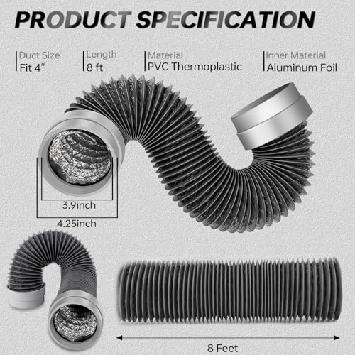 MATEWORK 8FT Dryer Vent Hose 4 Inch, Heavy Duty Flexible Aluminum Duct - color: Dark Grey, size: 4 inch 8 Feet