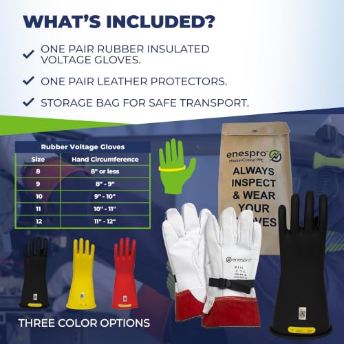 Enespro Class 2 Insulated Electrical Gloves Kit, 17,000V AC/25,500V DC - color: Black, size: Size 9 (Pack of 1)